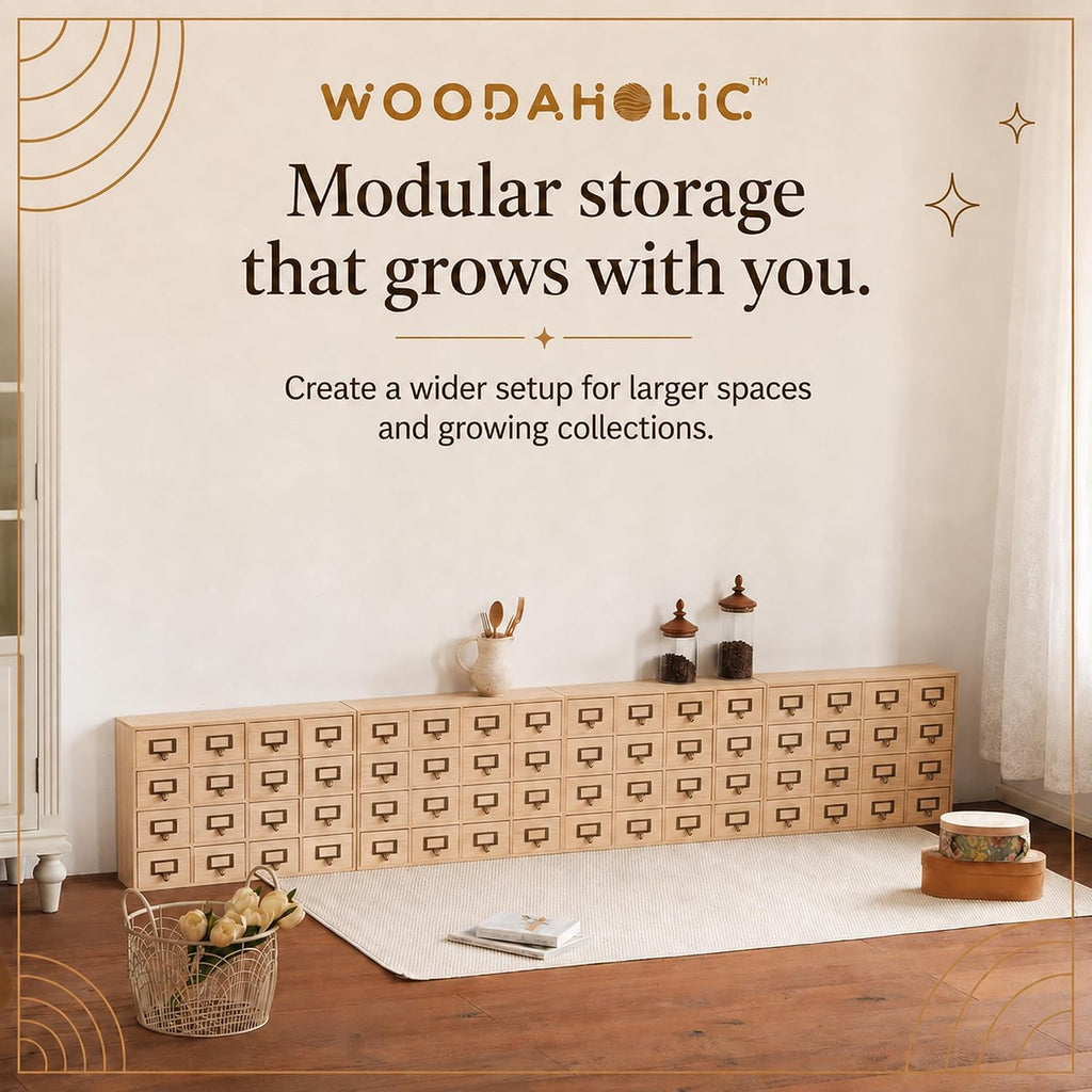 Creative Storage Wall 64-Drawer Modular Apothecary Cabinet, Stackable Light Wood Library Card Catalog Organizer with Label Holders, for Stickers, Beads, Pins, Stamps & Scrapbooking