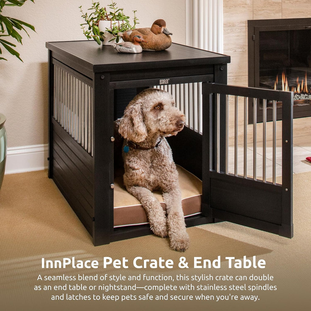 New Age Pet ECOFLEX InnPlace Dog Crate & End Table, Furniture-Style Indoor Kennel for Crate-Trained Dogs, Stainless Steel Spindles, 10-Year Warranty. 4 Colors, 4 Sizes