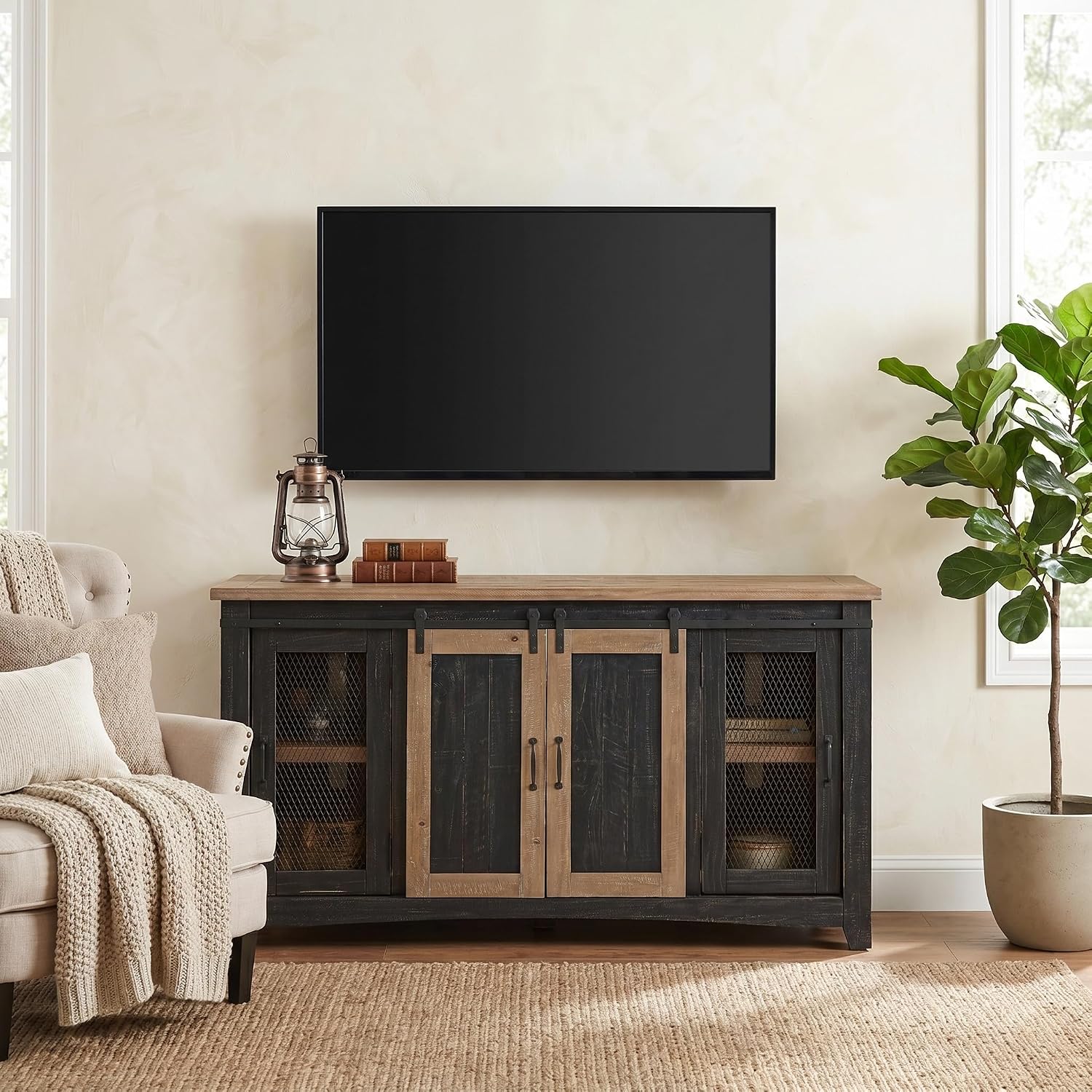 Martin Svensson Home 65' Solid Pine Wood Entertainment Center with Storage. Rustic TV Stand for TVs up to 70.' Sliding Doors, Adjustable Shelves & Cable Management – Black and Driftwood Finish