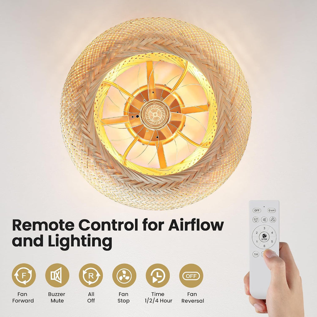 Boho Ceiling Fan with Lights: 20' Bamboo Low Profile Rattan Caged Farmhouse Ceiling Fans with Light Flush Mount Remote Control 6 Speeds for Bedroom Living Room Kitchen