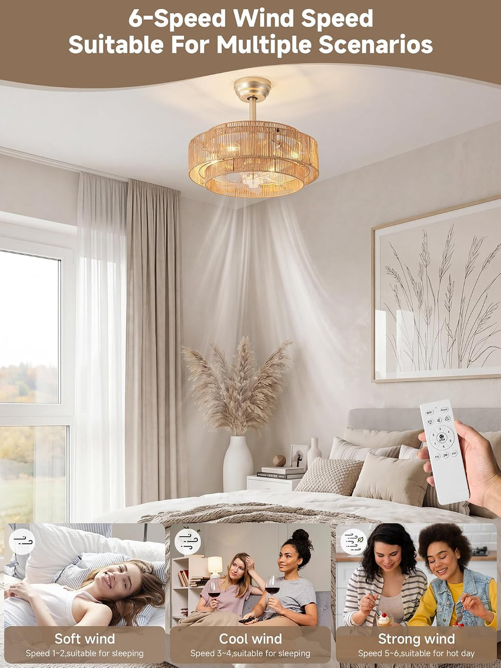 20'' Gold Boho Fandelier Ceiling Fan with Light, Rattan Chandelier with Light Remote Control, Caged with 6 Speeds for Bedroom, Nursery, Living Room