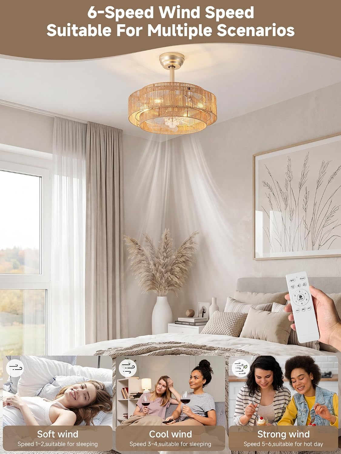 20'' Gold Boho Fandelier Ceiling Fan with Light, Rattan Chandelier with Light Remote Control, Caged with 6 Speeds for Bedroom, Nursery, Living Room