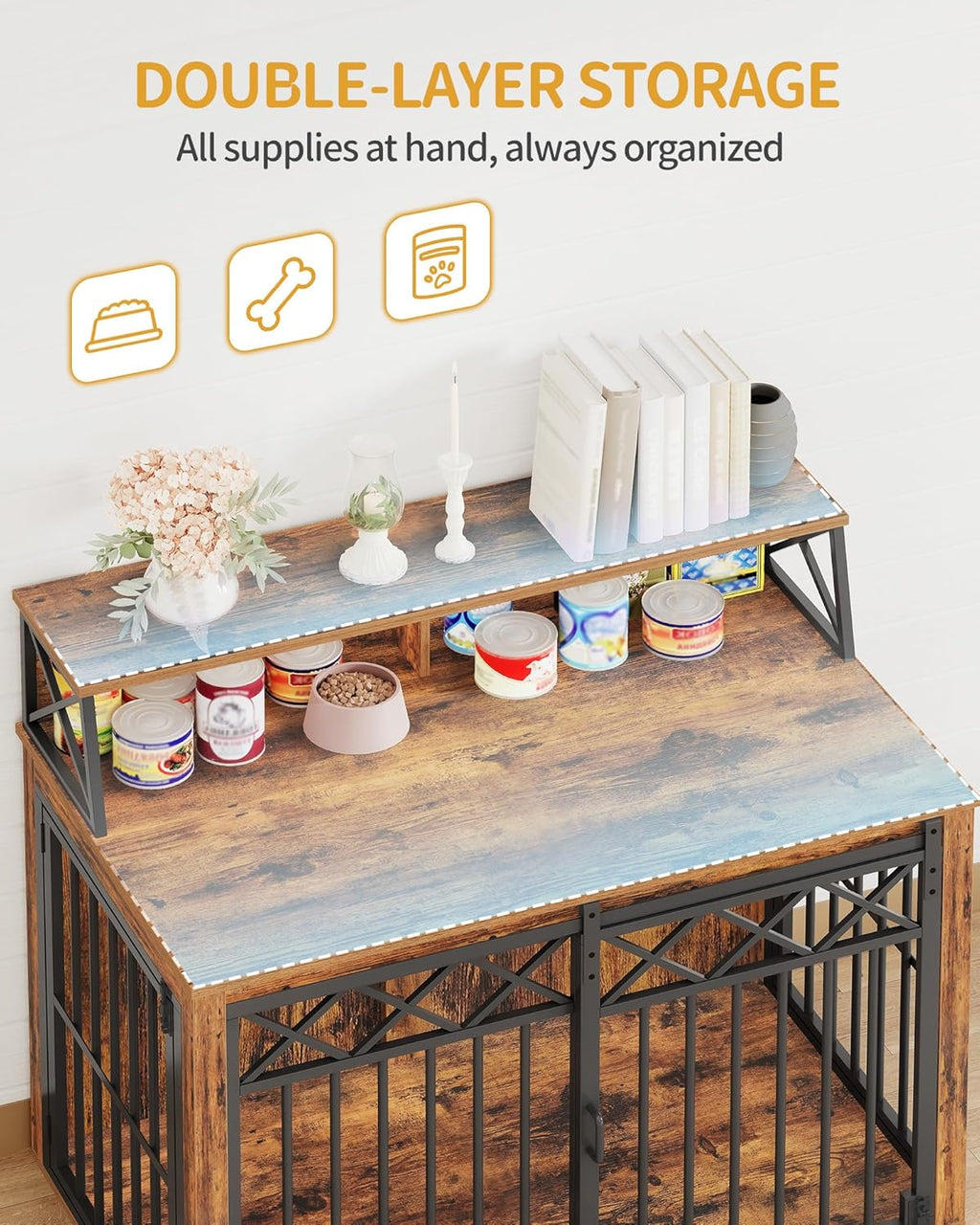 Hzuaneri 39.4'' Dog Crate Furniture, Large Wooden Dog Crate with Storage and 3 Doors, Indoor Kennel for Medium/Large Dogs, End Table with Barn Door, Chew-Proof and Escape-Proof, Rustic Brown DFC87401B