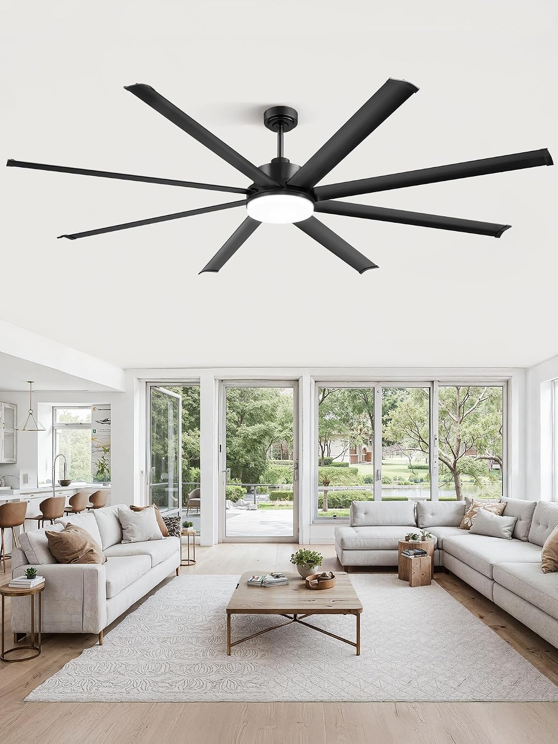 ZMISHIBO 84 Inch Ceiling Fan with Light, Smart Fan Light Compatible with Alexa, 3000-6000K Dimmable, 6 Speeds, Large Industrial Ceiling Fans with 8 Black Aluminum Blades for Patio Living Room