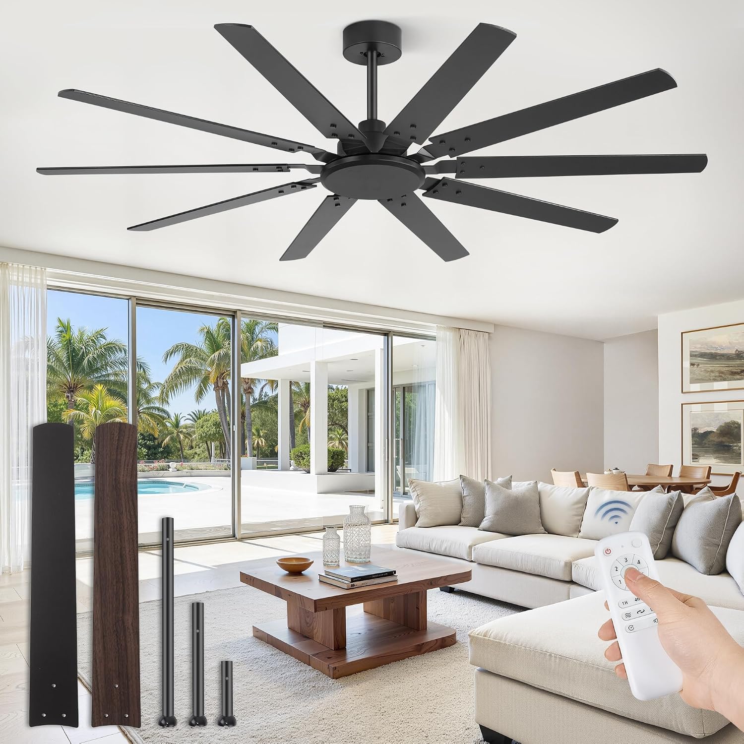 Fanbulous 65 Inch Large Ceiling Fan Without Light, Modern Indoor/Outdoor Ceiling Fans No Light with Remote,6-Speed Reversible Quiet DC Motor, 10 Blade for Bedroom,Living Room,Patio,Garage(Black)