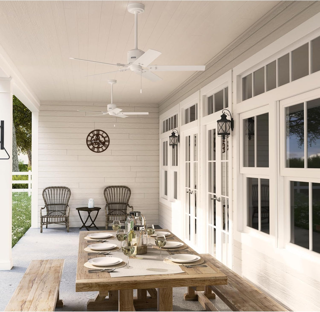 Hunter 52 inch Outdoor or Indoor Ceiling Fan No Light - White Ceiling Fan without Light, For Patio, Porch, Garage, or Living Room, Standard Mount, 5 Blades, Pull Chain - Windbound 51460, Matte White