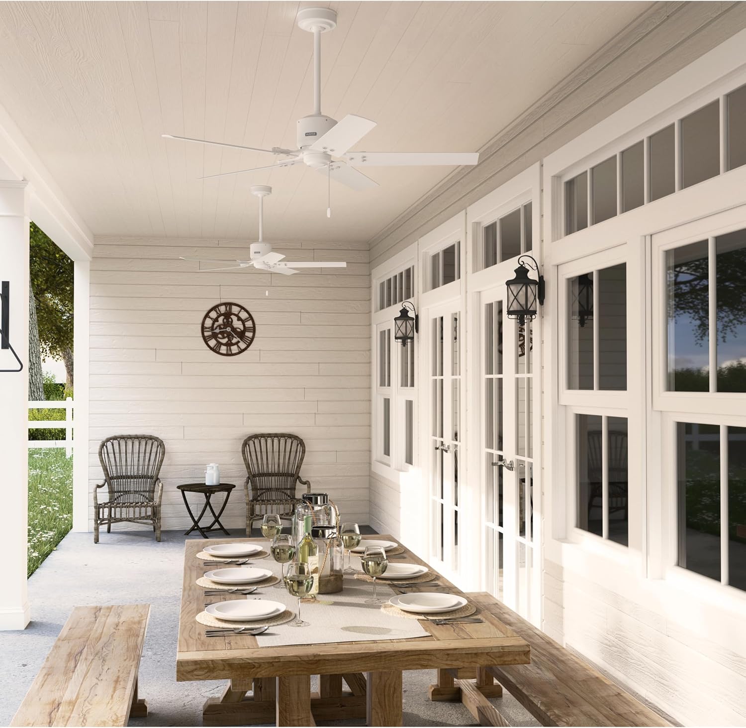 Hunter 52 inch Outdoor or Indoor Ceiling Fan No Light - White Ceiling Fan without Light, For Patio, Porch, Garage, or Living Room, Standard Mount, 5 Blades, Pull Chain - Windbound 51460, Matte White