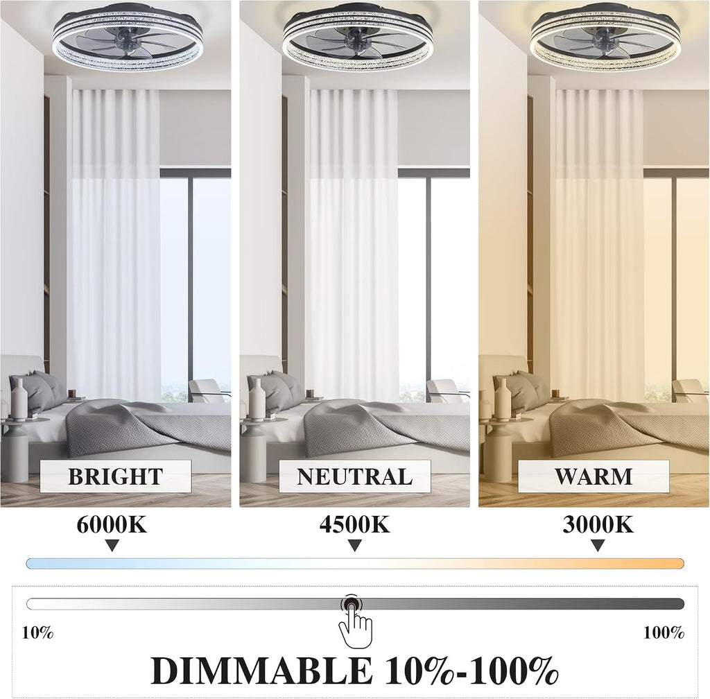 Smart Ceiling Fans with Lights Remote - WiFi Alexa 20'' Flush Mount Low Profile Modern Ceiling Fans for Bedroom -Stepless Color Temperature and 6 Speeds - Crystal Stripe
