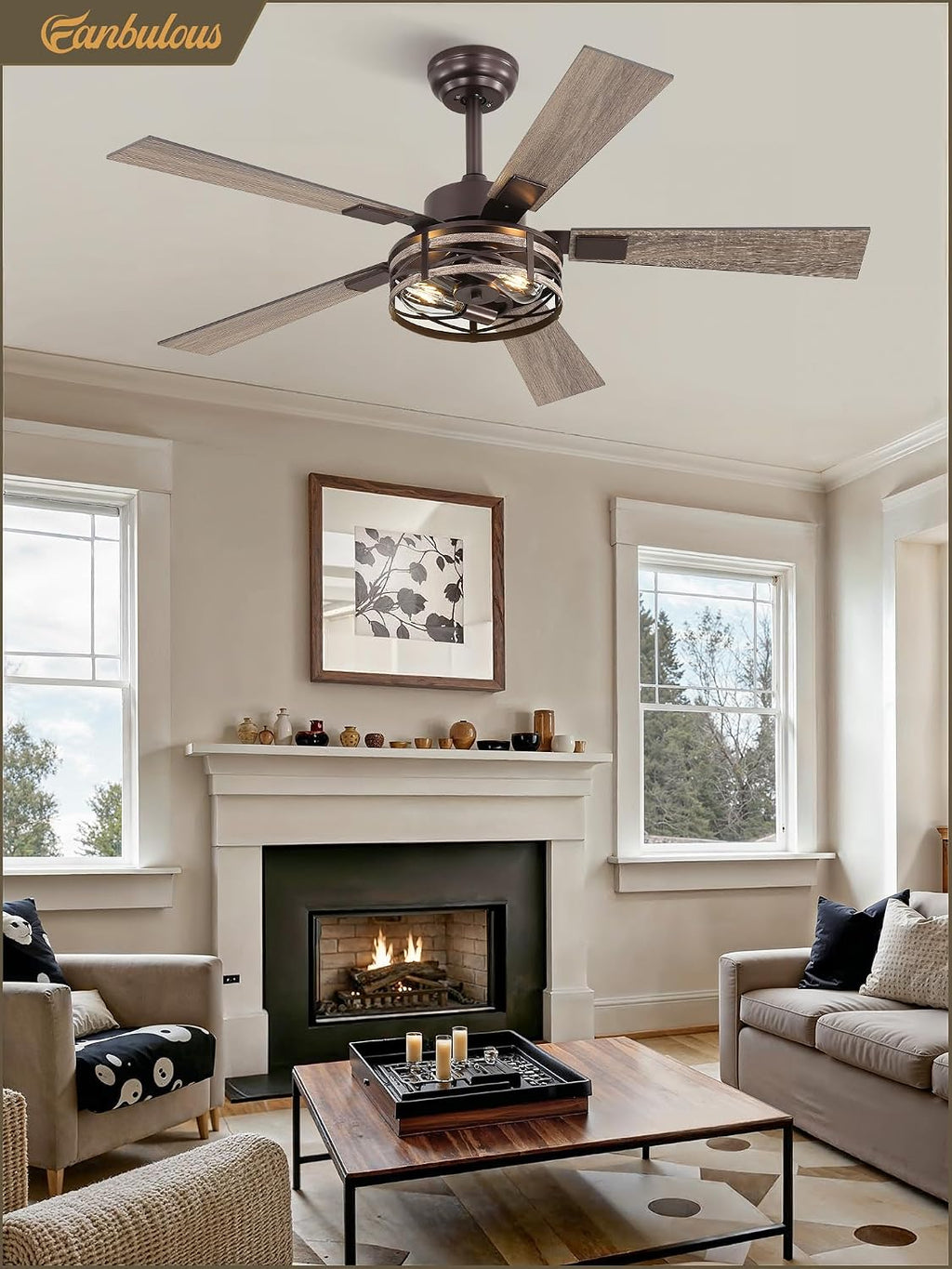 Fanbulous Farmhouse Ceiling Fans with Light, 48 Inch Bedroom Ceiling Fan with Lights, 6-Speed Adjustable, Quiet and Reversible DC Motor, 5 Dual Finish Blades, Rustic Caged Ceiling Fan，Oil Bronze