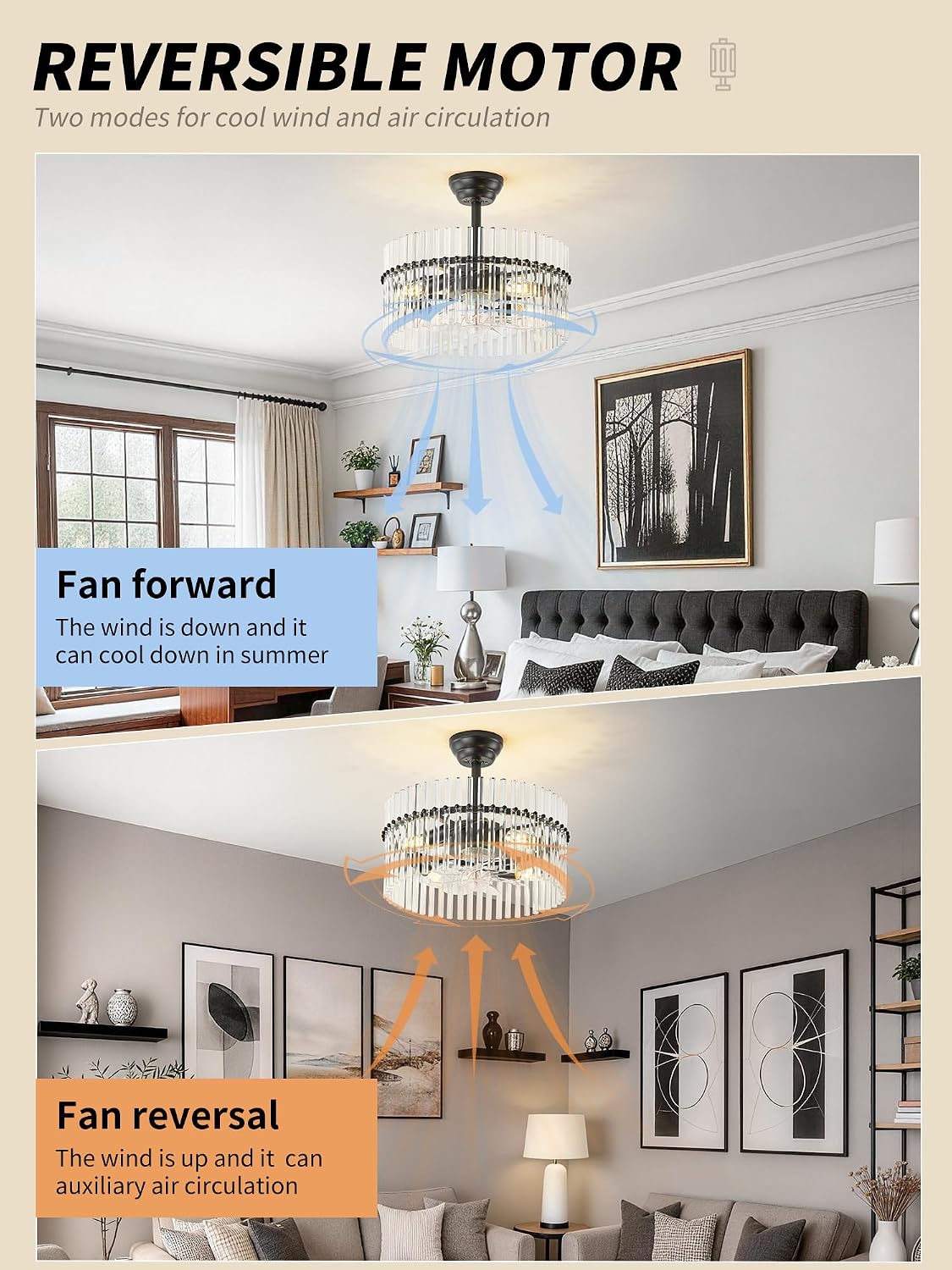 SYDACG 20' Black and Clear Crystal Fandelier Ceiling Fan with Light, Mid-Century Chandelier Ceiling Fan with Light Remote Control, 6 Speeds for Bedroom, Nursery, Living Room