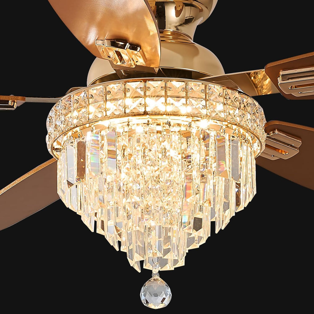 Crystal Ceiling Fan Fandelier with Lights-Ceiling Fans with Lights,50' Low Profile and Remote Control, Flush Mount, Reversible, Dimmable, Noiseless,Ceiling Fan for Bedroom（Gold）