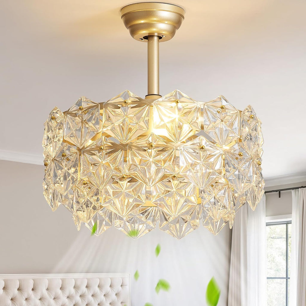 SYDACG 20' Gold Crystal Fandelier Ceiling Fan with Light, Mid-Century Chandelier Ceiling Fan with Light Remote Control, 6 Speeds for Bedroom, Nursery, Living Room