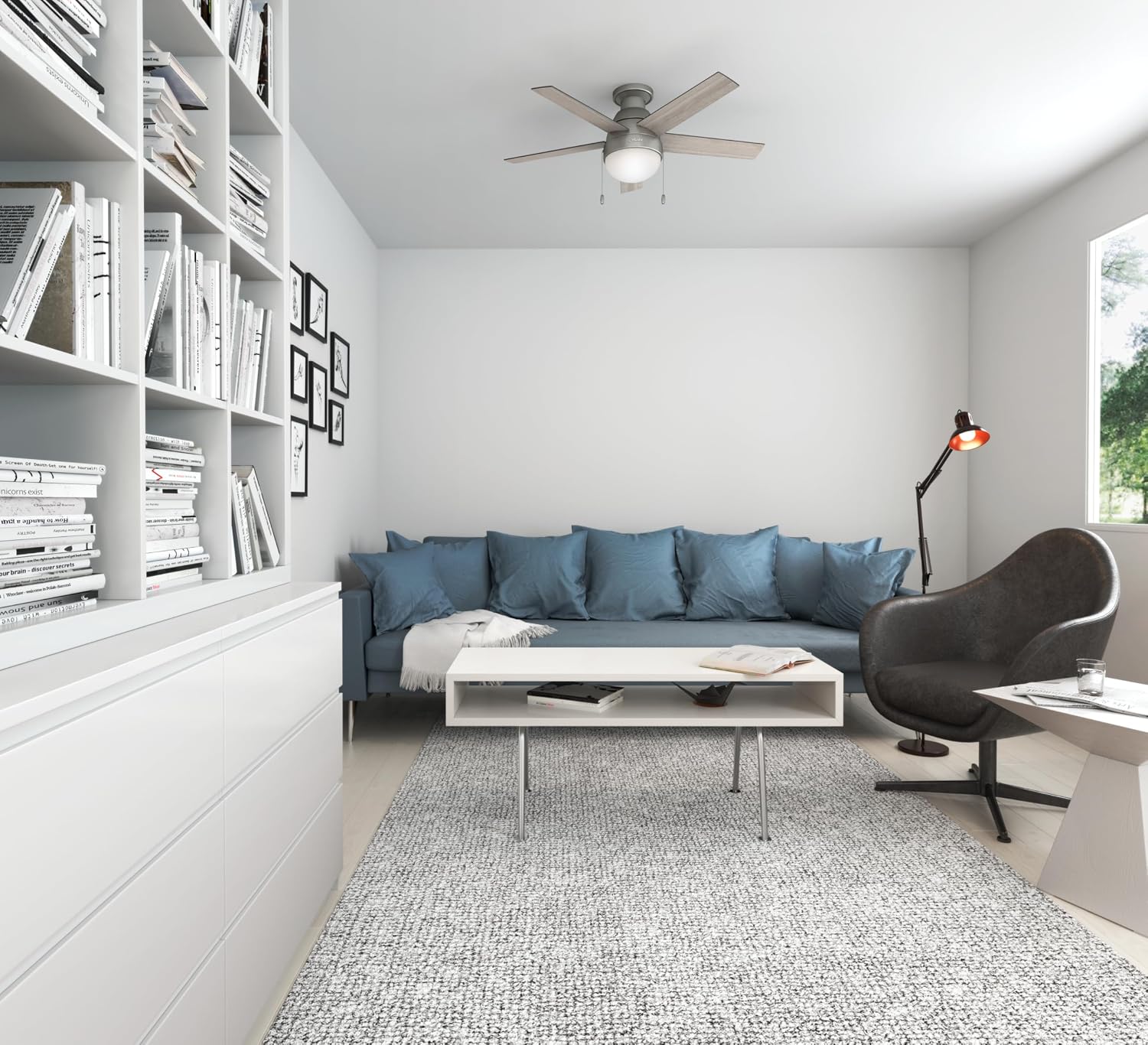 Hunter 46 inch Indoor Ceiling Fan with LED Light - Ceiling Fan with Pull Chain, For Bedroom, Living Room, or Kitchen, Low Profile Mount, No Remote, 5 Blades - Anslee 59270, Matte Silver
