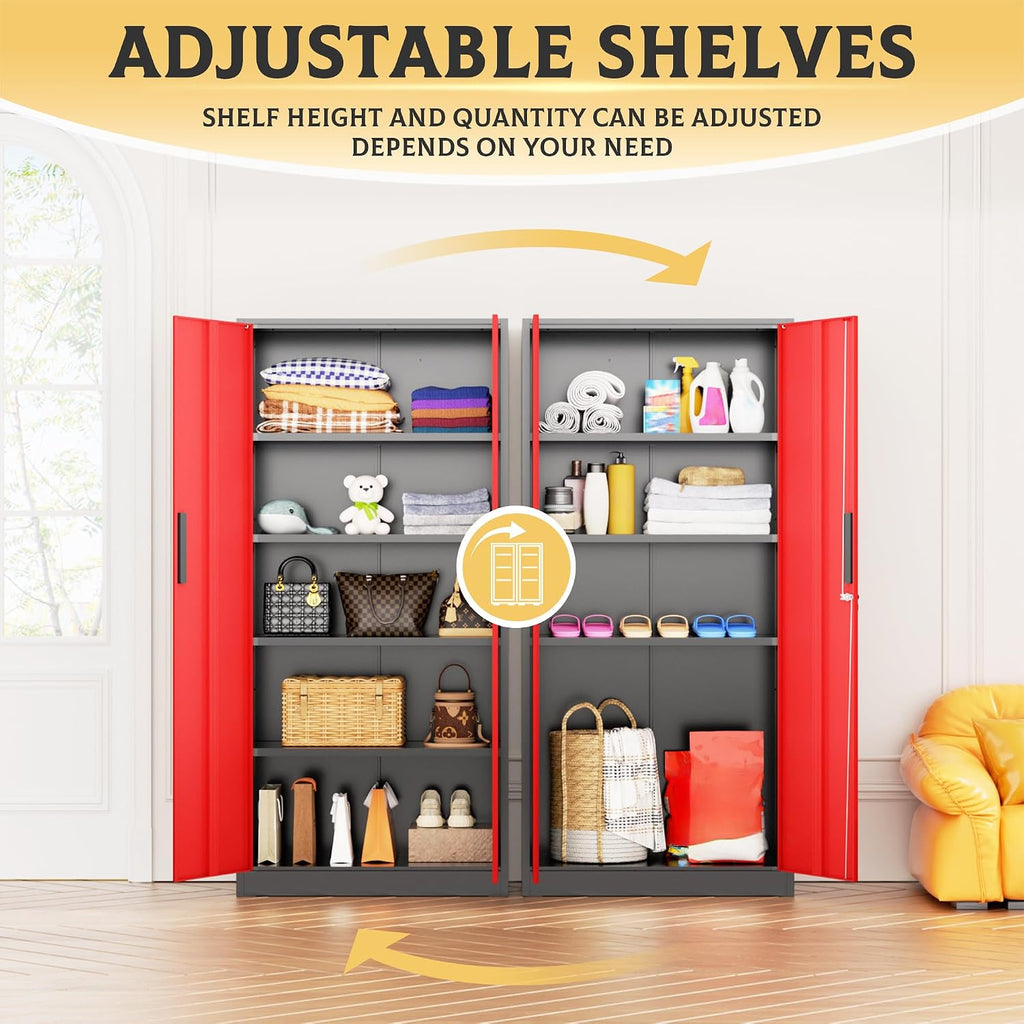 SUNCROWN Metal Garage Storage Cabinet, 72' Locking Steel Garage Cabinets with 2 Door and 4 Adjustable Shelves, Tall Metal Tool Cabinets for Home Office, Garage, School, Black Red
