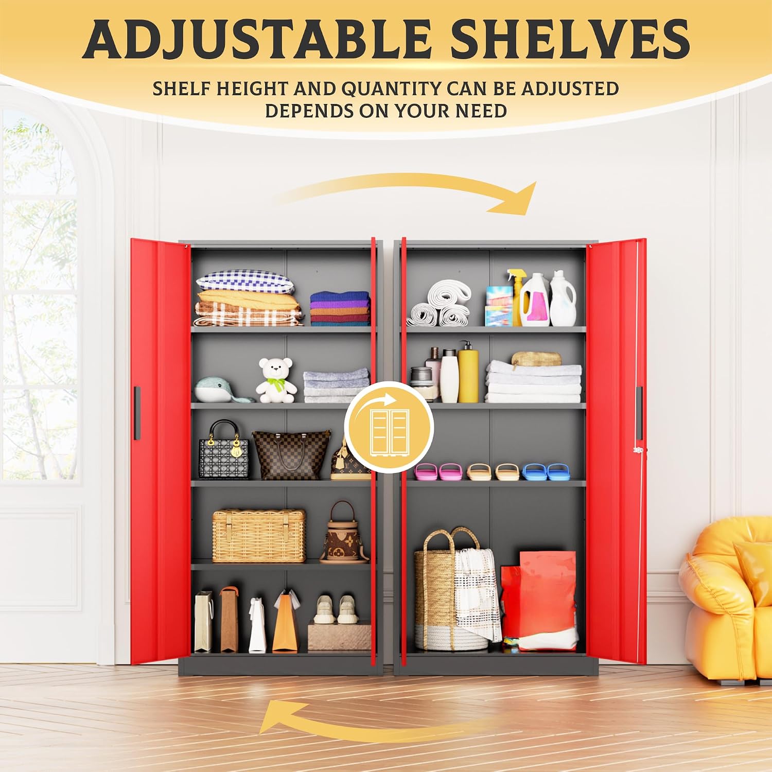 SUNCROWN Metal Garage Storage Cabinet, 72' Locking Steel Garage Cabinets with 2 Door and 4 Adjustable Shelves, Tall Metal Tool Cabinets for Home Office, Garage, School, Black Red
