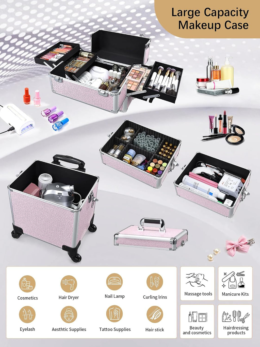 Costravio 5 in 1 Rolling Makeup Case on Wheels Large Cosmetology Case Organizer Beauty Cosmetic Train Case Travel Nail Cart for Make-up Studio Hair Salon, Pink Rhinestone