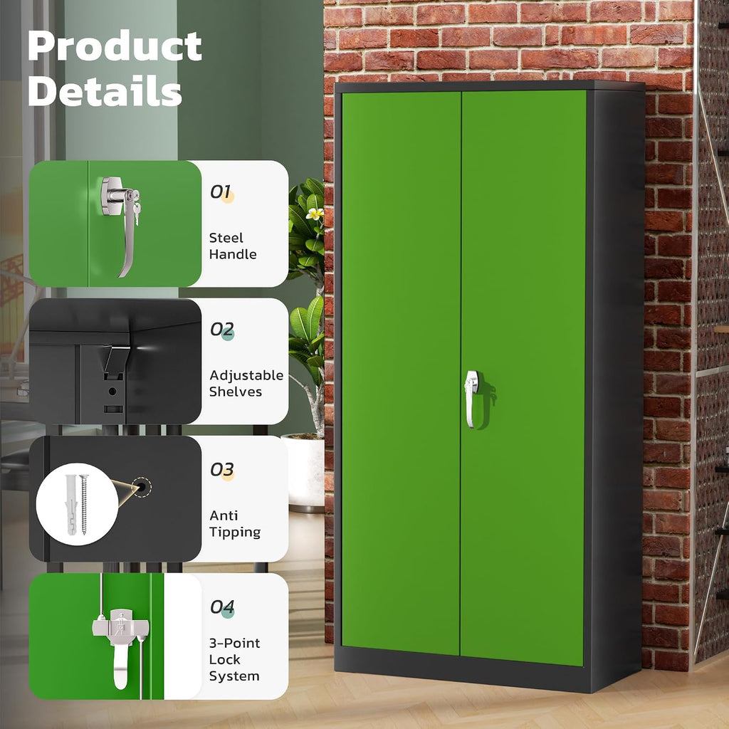 Greenvelly Metal Garage Storage Cabinet with 2 Doors and 4 Adjustable Shelves, 72' HLockable Storage Cabinet,Tall Metal Cabinet Locking File Cabinet for Office,Home, Garage, Gym, School