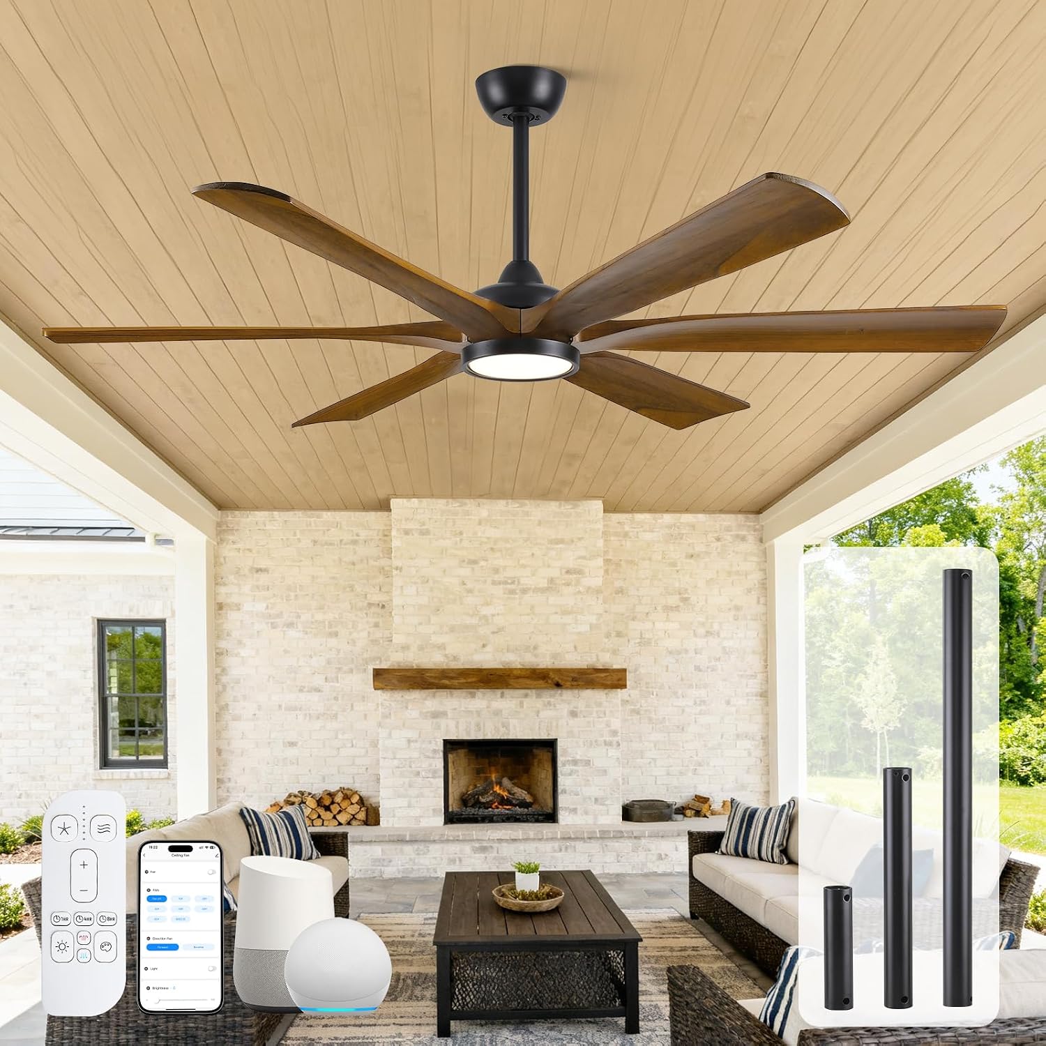 60 Inch Outdoor Ceiling Fan with Light, Smart Modern Farmhouse Ceiling Fan, Remote/Alexa/APP Control, 6 Brown Wood Blade, Damp Rated for Patio Indoor Exterior Use, High CFM Quiet Reversible DC Motor