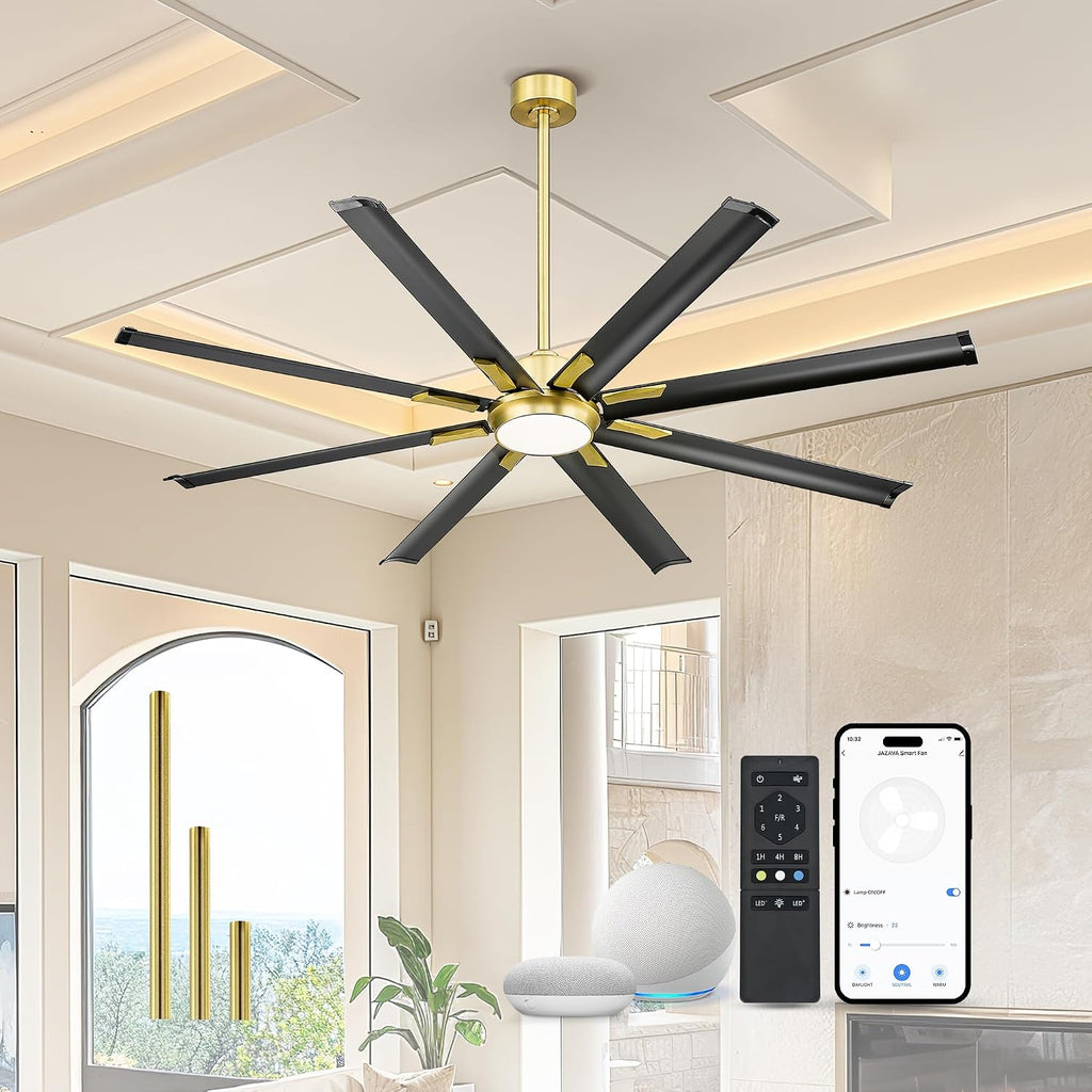 Industrial Ceiling Fan With Light,72 Inch Black & Gold Ceiling Fan With 8 Aluminium Metal Blades,Works with Voice Control,Ideal for Covered Outdoor Spaces,CF04BGB-72