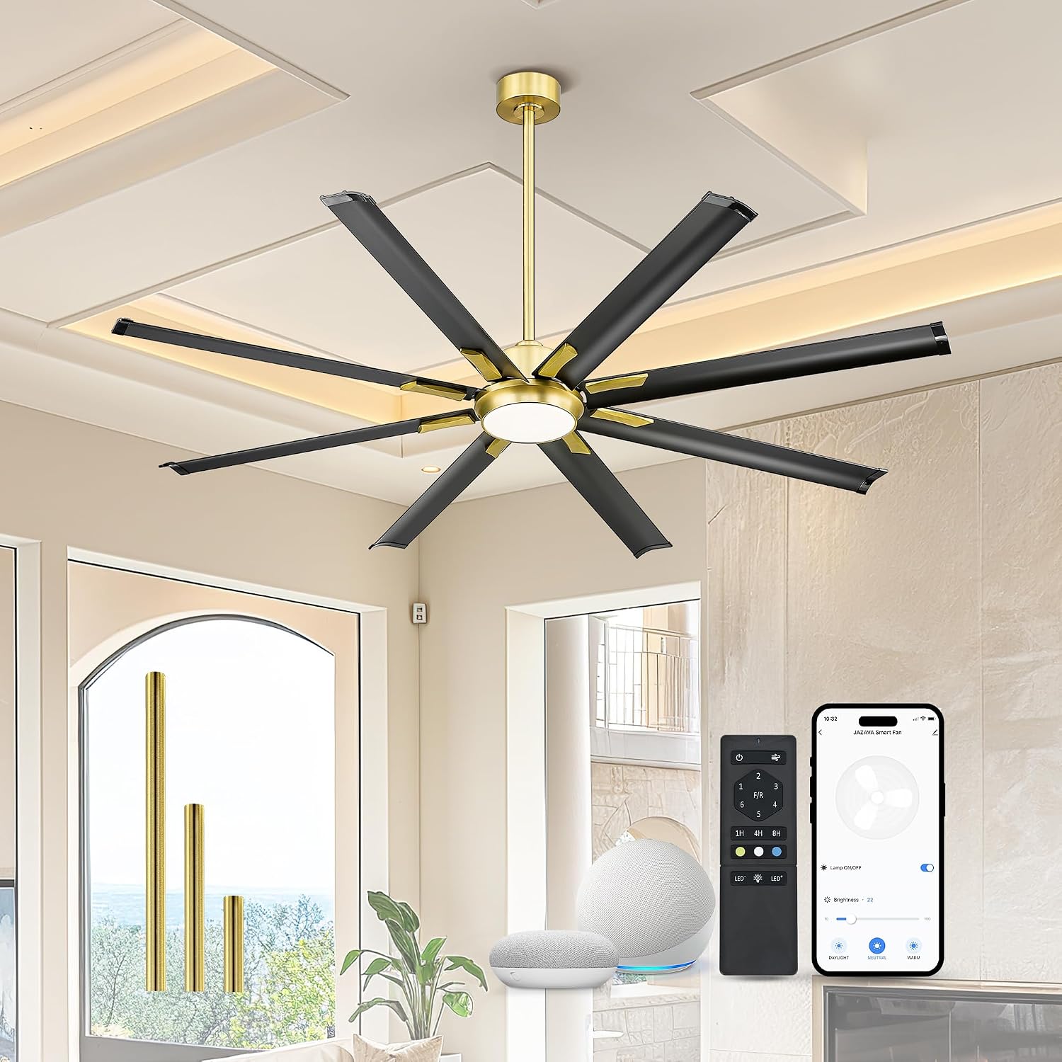 Industrial Ceiling Fan With Light,72 Inch Black & Gold Ceiling Fan With 8 Aluminium Metal Blades,Works with Voice Control,Ideal for Covered Outdoor Spaces,CF04BGB-72