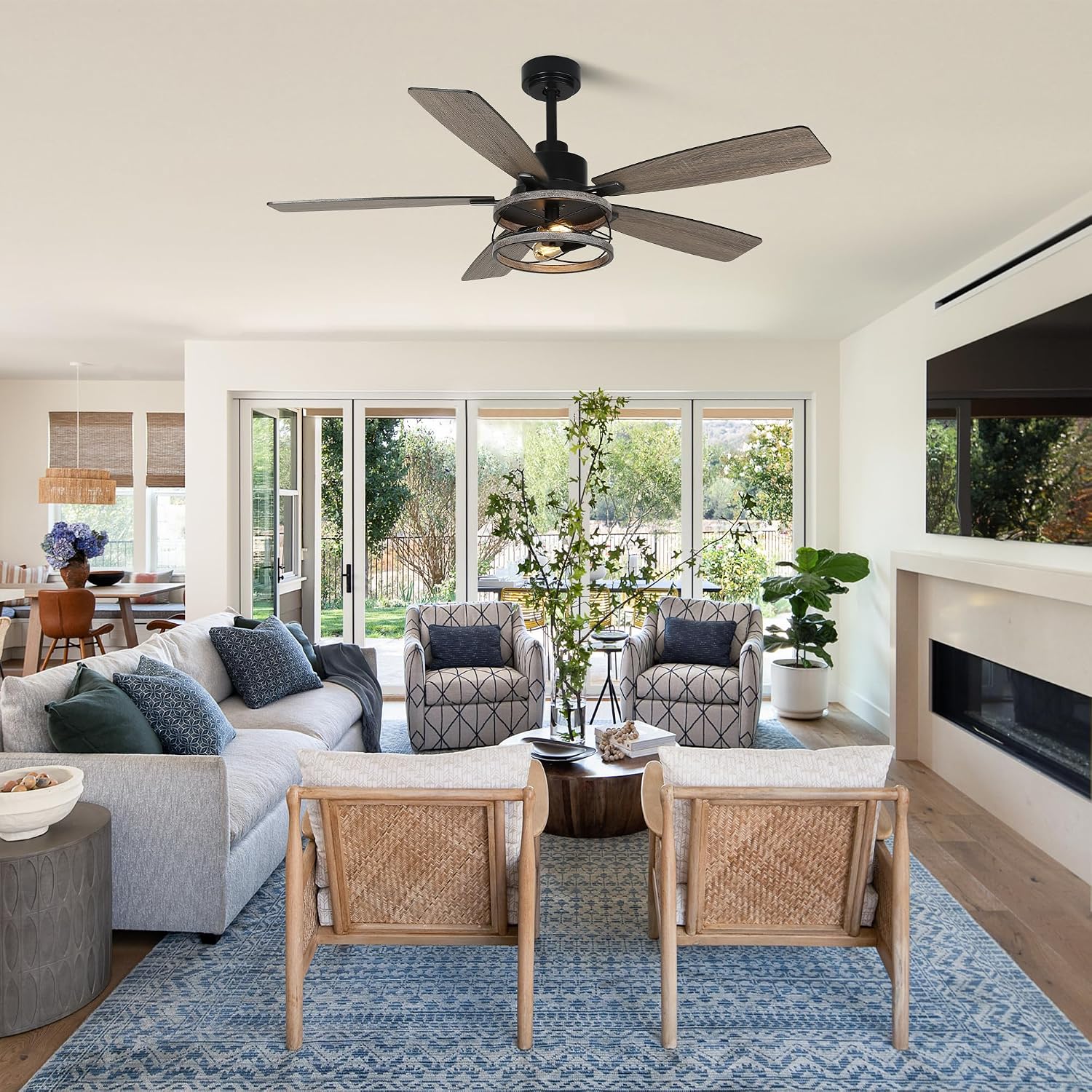 52'' Ceiling Fans with Lights and Remote,6 Speed,Reversible Quiet DC Motor,Dual Finish 5 Blades,Farmhouse Industrial Caged Rustic Ceiling Fan for Living Room/Dining Room