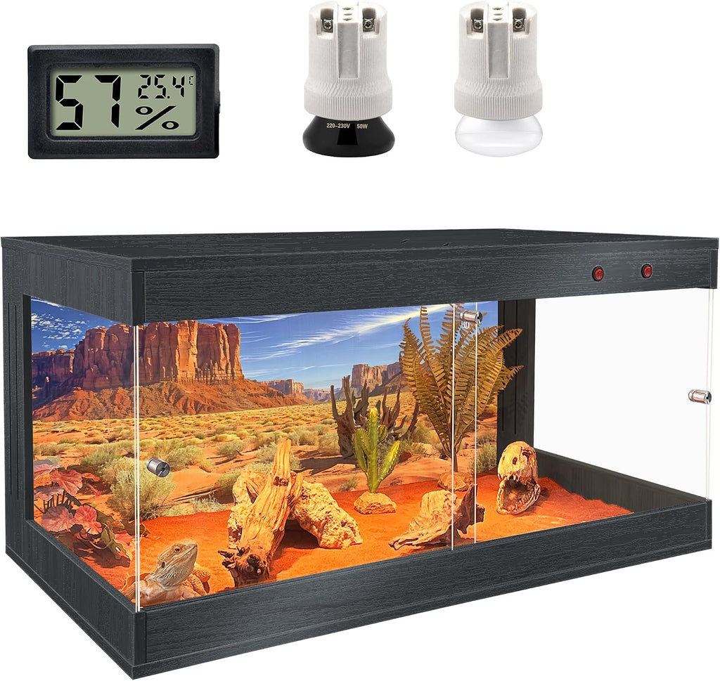 ROYXEN Reptile Tank, 34 Gallons Reptile Enclosure with Lockable Design, Tempered Glass Bearded Dragon Tank for Lizard Habitat, Soild Wood Built-in Sockets (Black, 32'x16'x15.5')