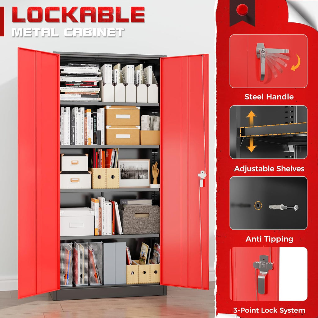 Bonusall 72' Metal Garage Storage Cabinet， Heavy-Duty Steel Cabinet with 2 Locking Doors & 5 Adjustable Shelves for Home