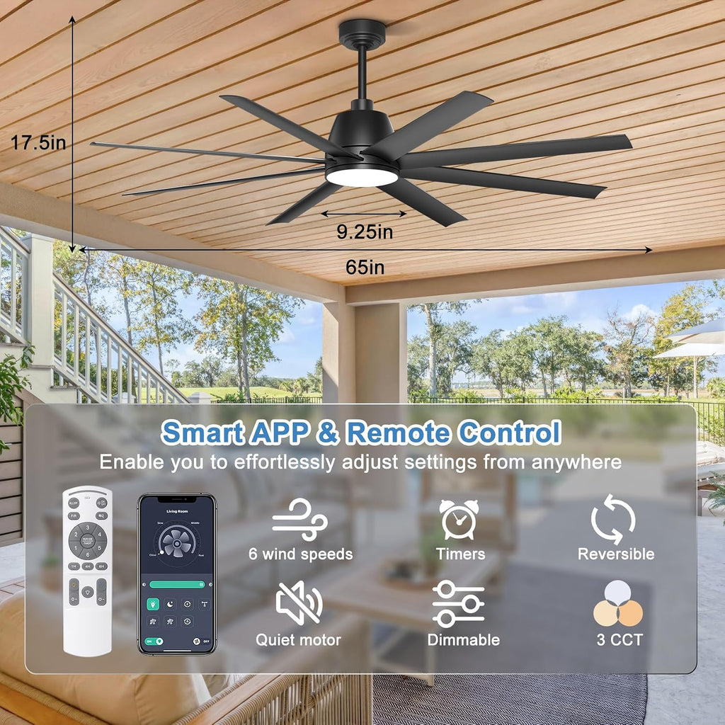 Ceiling Fan with Lights, 65'' Outdoor Ceiling Fan with Remote & APP Control, Dimmable, Black Modern Ceiling Fans for Patio Living Room Garage Shop