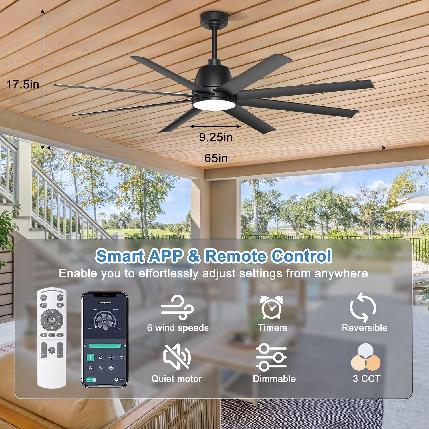 Ceiling Fan with Lights, 65'' Outdoor Ceiling Fan with Remote & APP Control, Dimmable, Black Modern Ceiling Fans for Patio Living Room Garage Shop