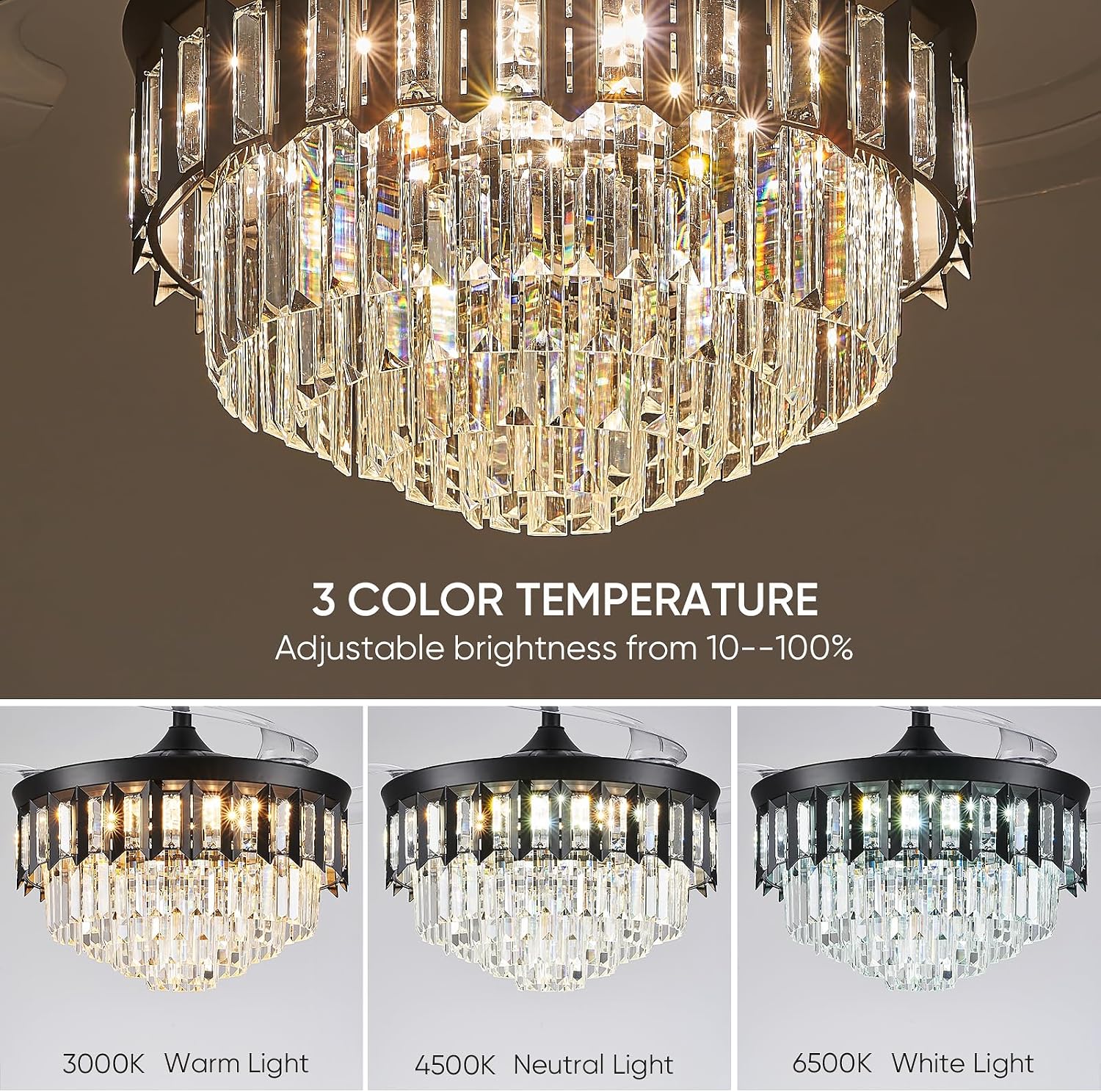 TXCSLY 42' Fandelier Ceiling Fan with Light, Crystal Chandelier Fan with Retractable Blades Dimmable Crystal Ceiling Fan Chandelier for Bedroom Living Room Dining Room-Black