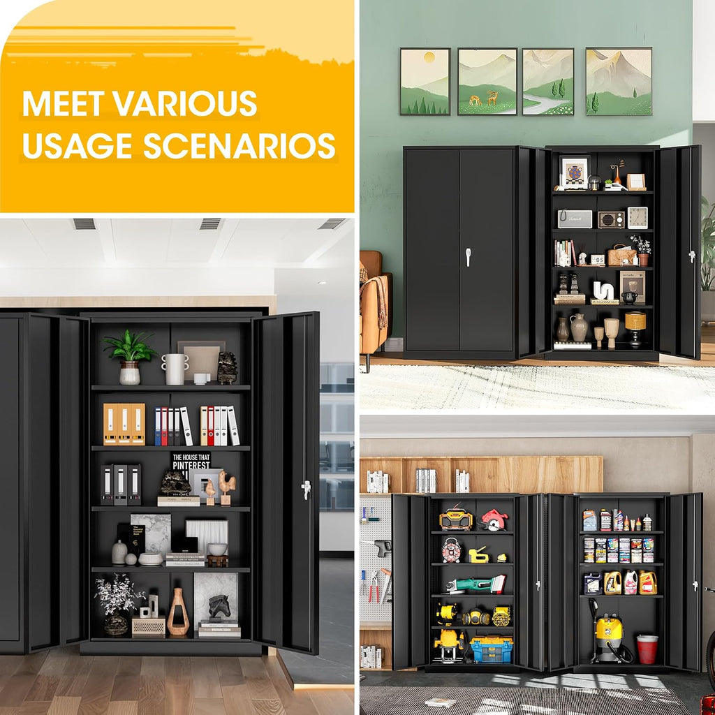 Greenvelly 72' H Metal Storage Cabinet with 2 Doors and 4 Adjustable Shelves, Black Metal Cabinet with Lock,Garage Cabinets Steel Tool Cabinet for Office,Home, Garage, Gym, School