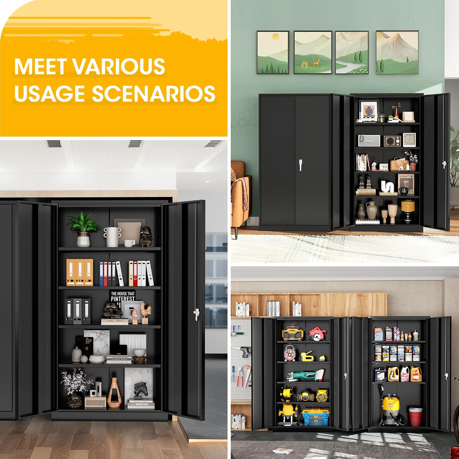 Greenvelly 72' H Metal Storage Cabinet with 2 Doors and 4 Adjustable Shelves, Black Metal Cabinet with Lock,Garage Cabinets Steel Tool Cabinet for Office,Home, Garage, Gym, School