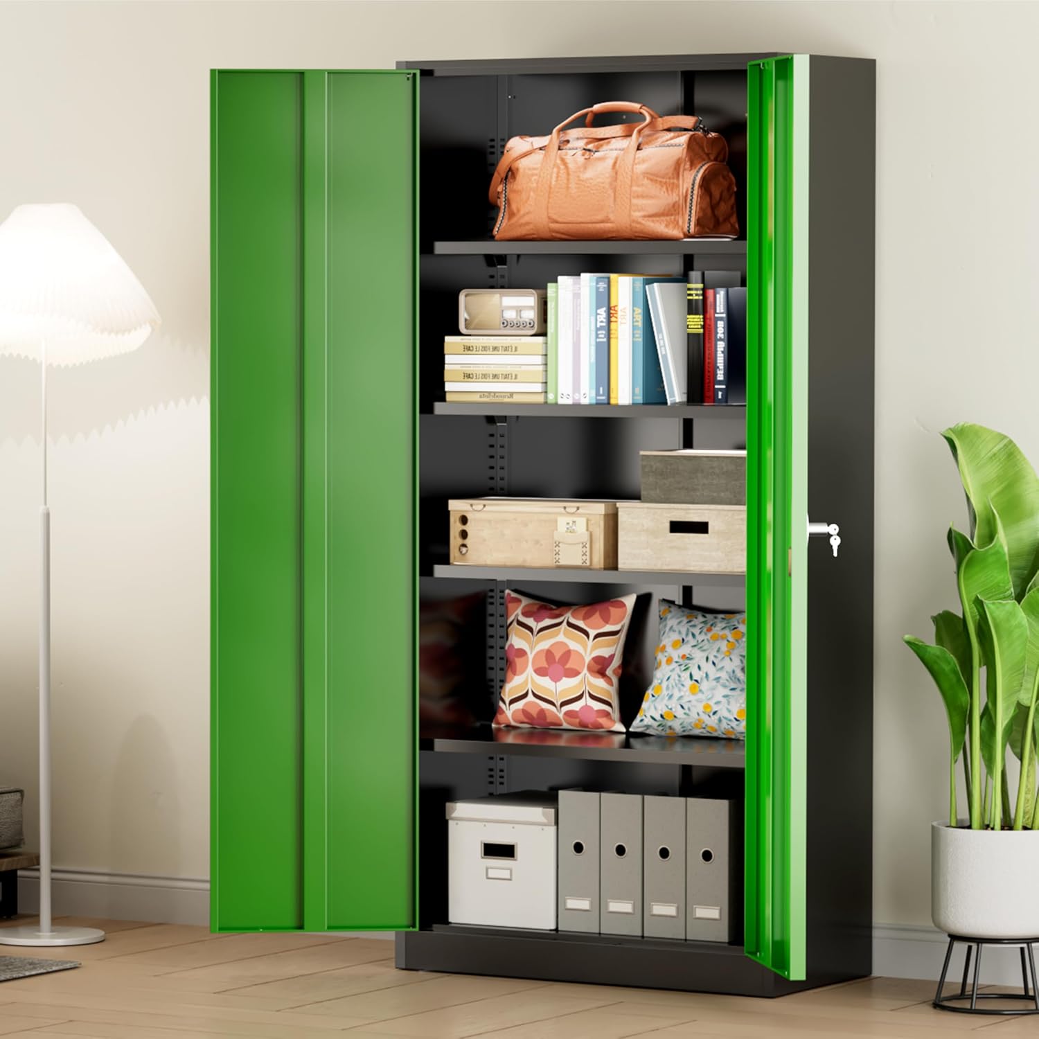 Greenvelly Metal Storage Cabinet with Doors and Shelves, 72' Inch Locking Metal Cabinet,Garage Storage Cabinet for Garage Office School Warehouse (Black Green)