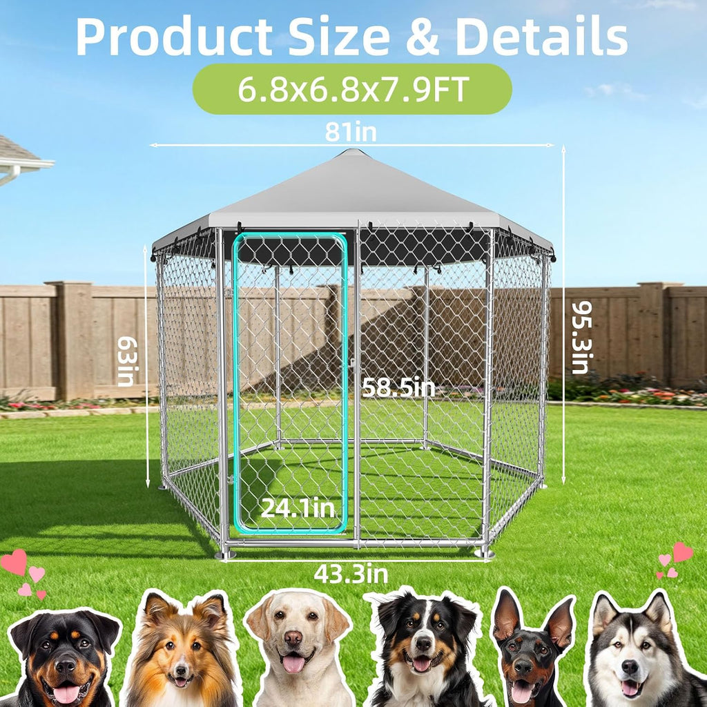 6.8x6.8 FT Heavy Duty Large Outdoor Dog Kennel Outside, Galvanized Steel Enclosure with Waterproof UV-Resistant Roof, Lockable Door, Hexagonal Wire Mesh Dog Run