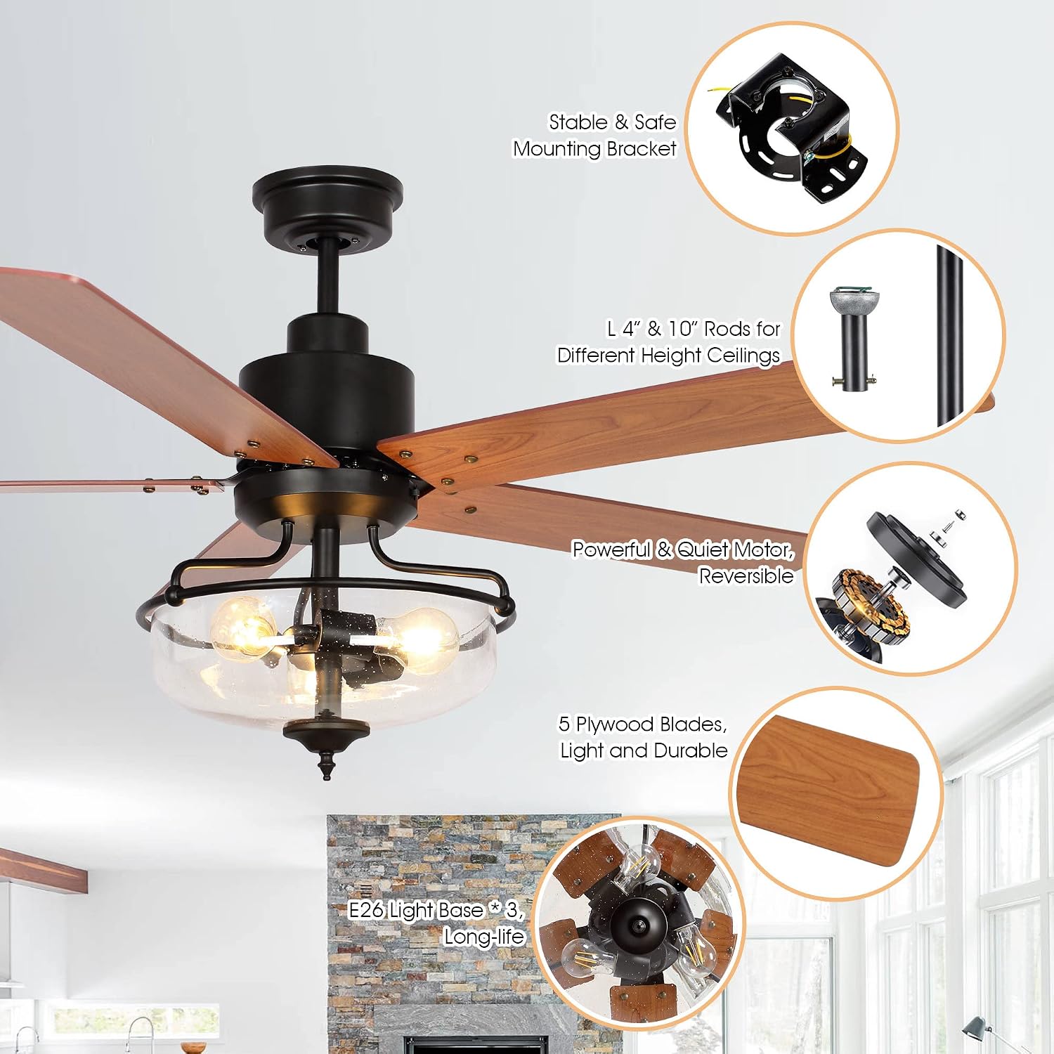 Parrot Uncle Ceiling Fans with Lights and Remote Farmhouse Ceiling Fan with Light 52 Inch Outdoor Ceiling Fans for Patios Covered, Dark Brown/Light Oak