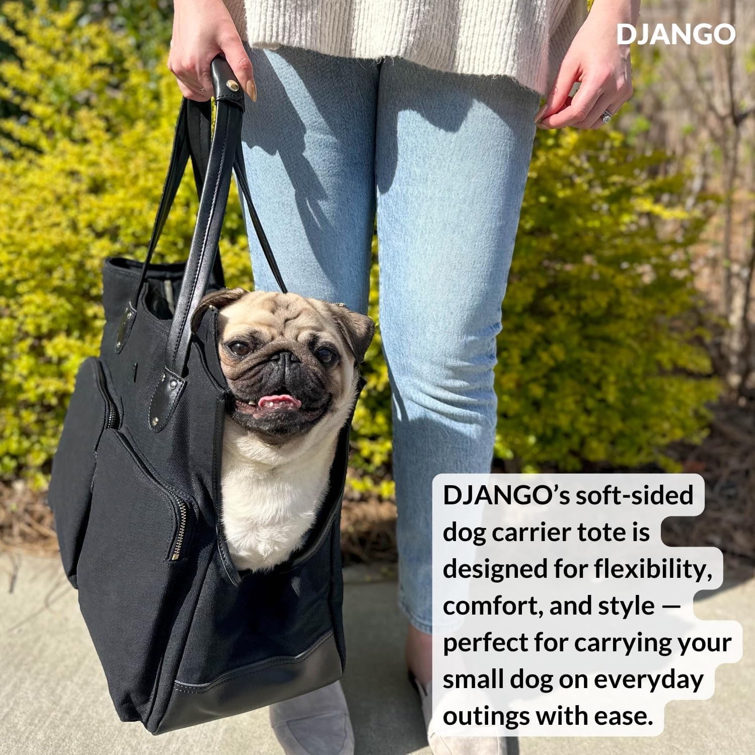 DJANGO Waxed Canvas & Leather Dog Carrier Tote Bag – Premium Soft-Sided Travel Dog Purse with Safety Leash, WR Lining, & Large Zipper Pockets – Everyday Pet Carrier for Small Dogs (Black, Medium)