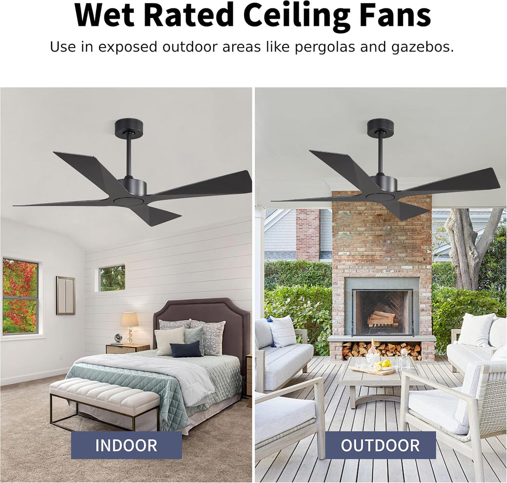 WINGBO 64' Wet Rated Outdoor Ceiling Fan without Lights, 4 ABS Plastic Blades, Reversible DC Motor, 6-Speed Remote Control, Waterproof Ceiling Fan No Lights for Patio Porch Gazebo Garage, Black