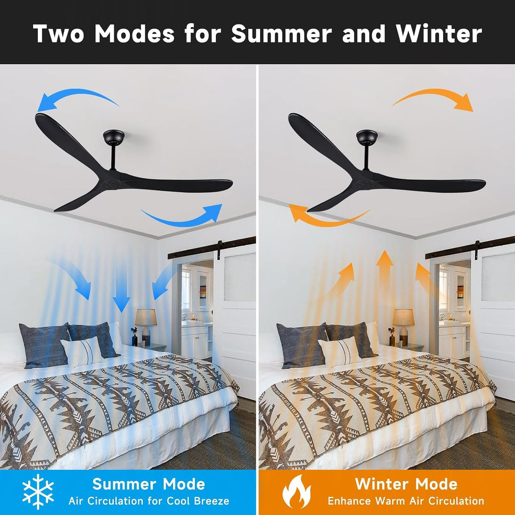 Bigzone 70' Black Ceiling Fan Without Light, 3 Solid Wood Blades, Outdoor Ceiling Fan with Remote, Reversible Motor