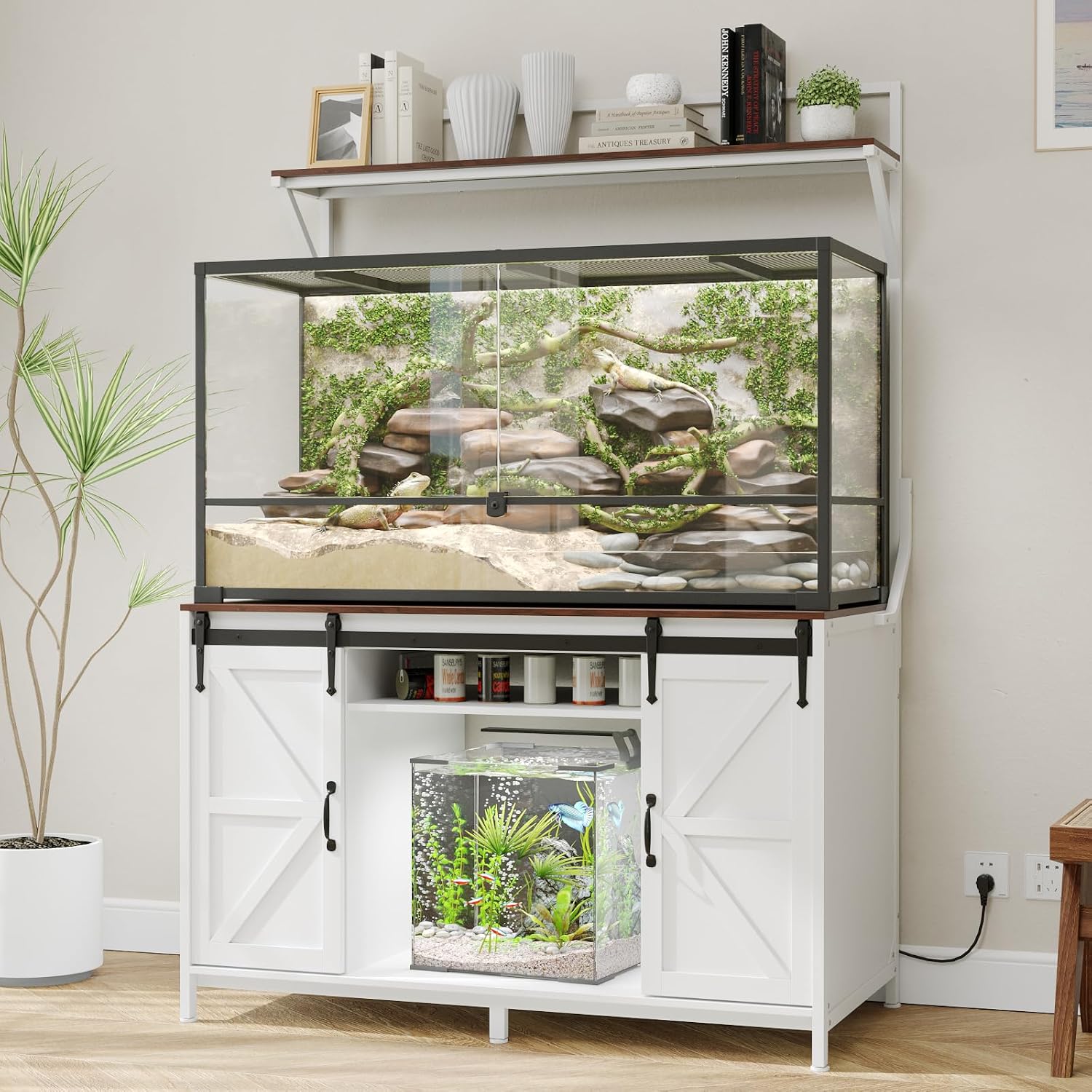 VOWNER Farmhouse Reptile Tank Stand with Power Outlet, 48' X 24' Tabletop Fits up 120 Gallon Bearded Dragon Tank, Heavy Duty Aquarium Stand with Storage Cabinet, Reptile Turtle Terrarium Stand White