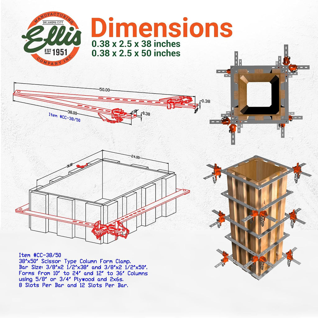 Ellis Manufacturing Company Scissor Column Forming Clamps - Clamp Set for Carpentry & Construction - Net Concrete 10' - 24' & 12' - 36' - Bar Size 3/8' x 2' x 38' & 3/8' x 2' x 50'