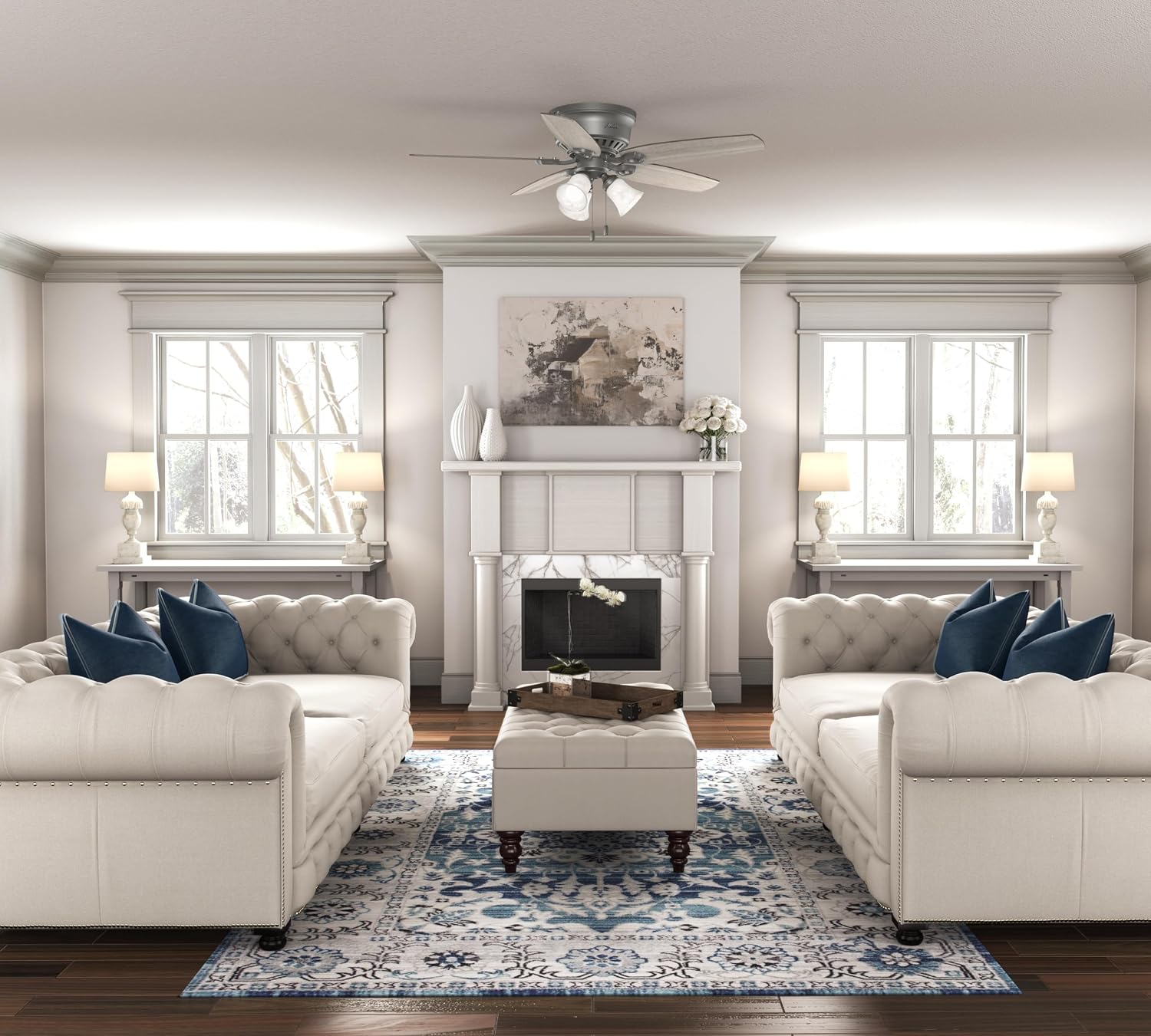 Hunter 52 inch Indoor Ceiling Fan with LED Lights - Ceiling Fan with Pull Chain, For Bedroom, Living Room, or Kitchen, Low Profile Flush Mount, No Remote, 5 Blades - Builder 51113, Matte Silver