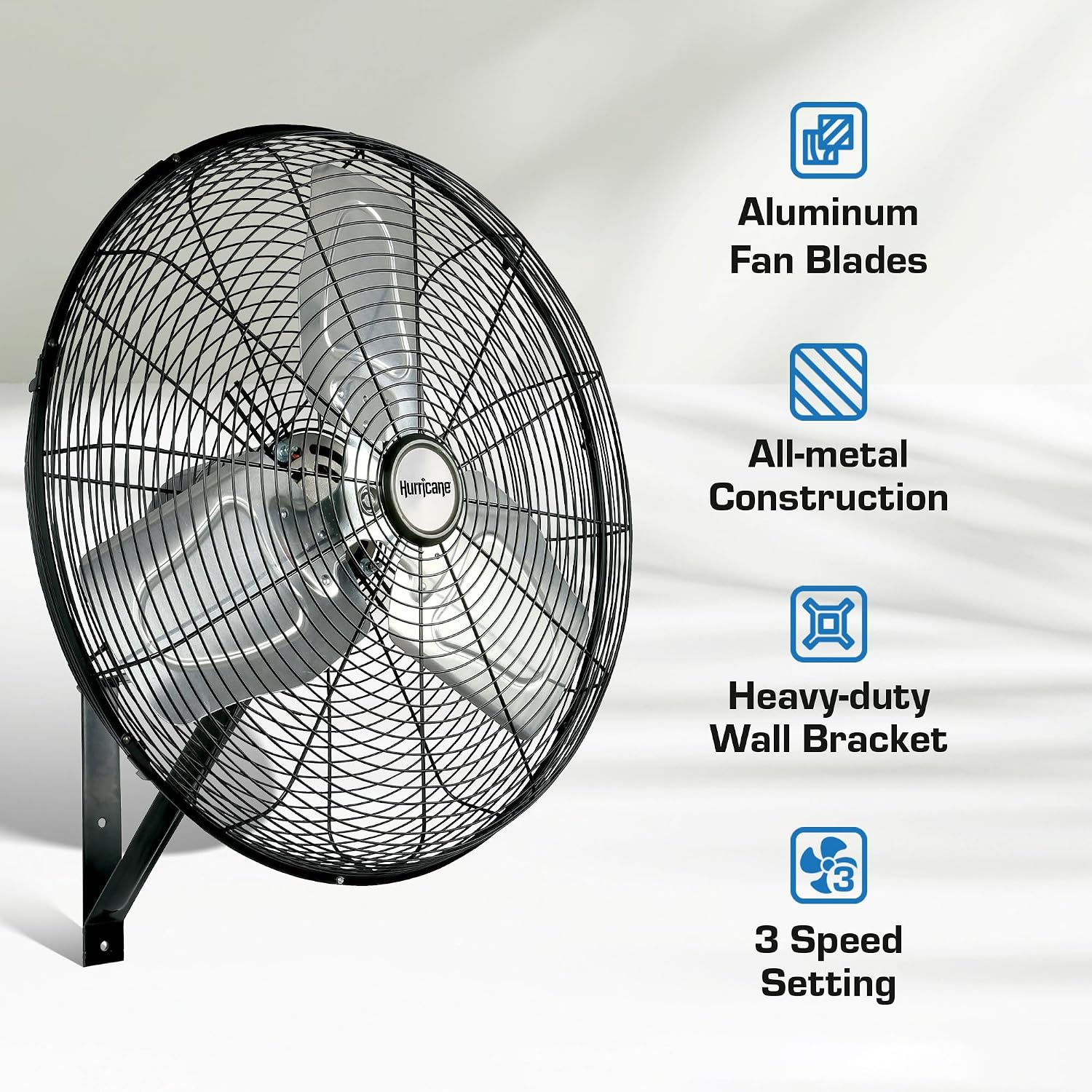 Hurricane 30' Pro Commercial Grade Oscillating Wall Mount Fan, Black - Heavy-Duty All-Metal Corded Electric Air Cooling Unit for Home, Garage, Greenhouse, or Workshop
