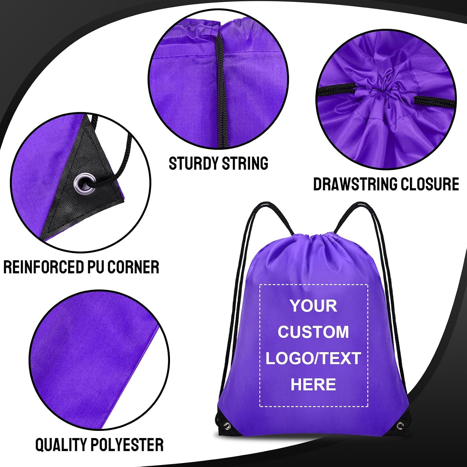 Grneric Custom Drawstring Bags Bulk 10/20/50/100/200 Pack, Promotional Items With Your Logo Personalized String Backpack for Gym, Sport, Travel, Purple