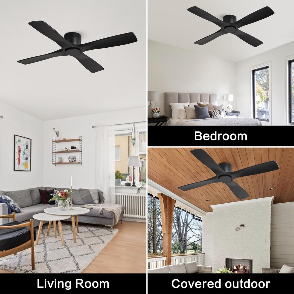 WINGBO 48 Inch Flush Mount DC Ceiling Fans without Lights, 4 Carved Solid Wood Blades, 6-Speed Reversible DC Motor, Low Profile Hugger Ceiling Fan No Lights for Indoor and Outdoor, Matte Black