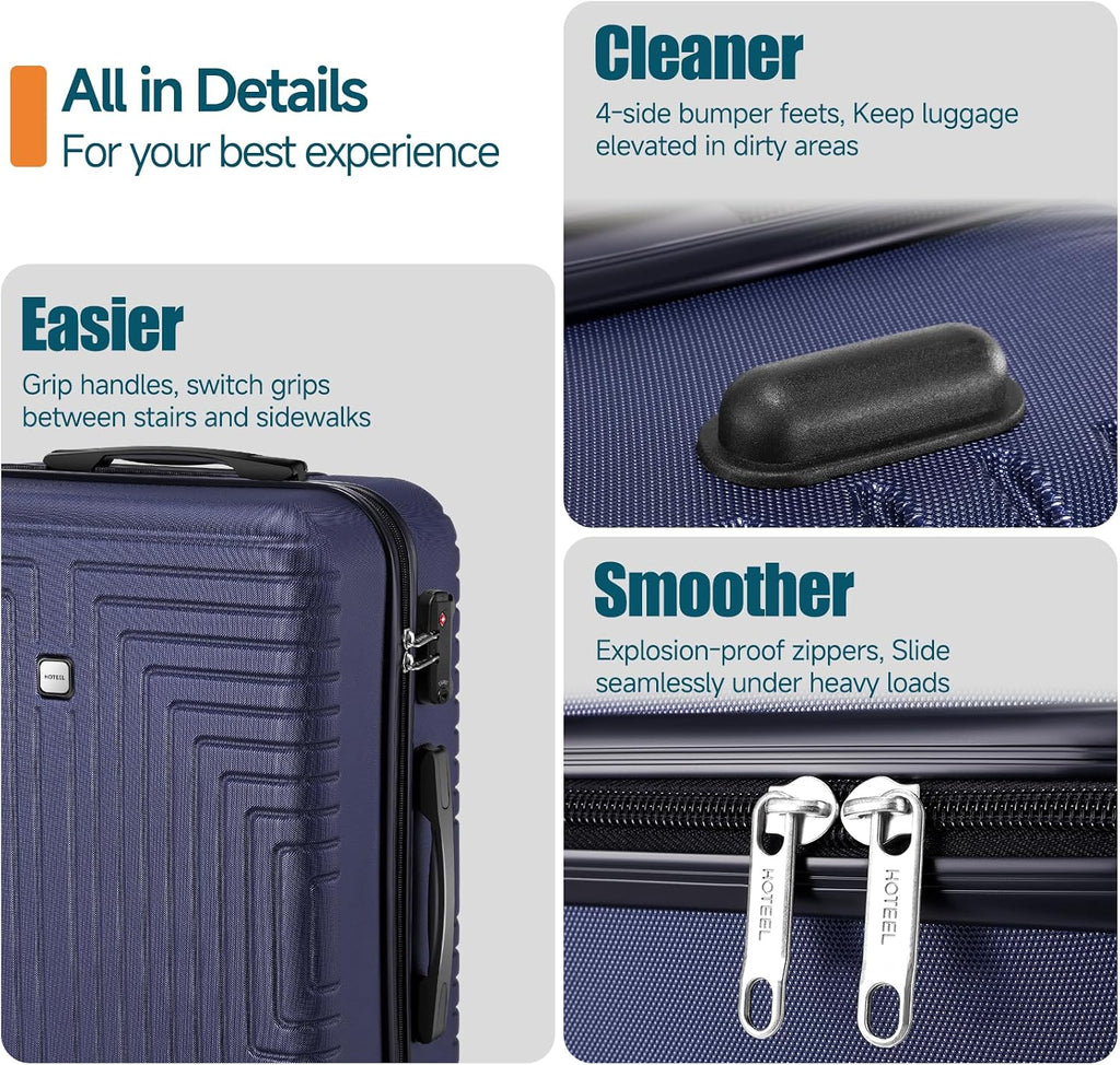 Hoteel Luggage Sets 5 Piece ABS+PC Hardside, 4-Year Warranty, Luggage Set with Dual-Spinner Wheels, TSA Lock, Lightweight Carry on Luggage, 20'/24'/28' Suitcase with Duffel & Organizer, Dark Blue