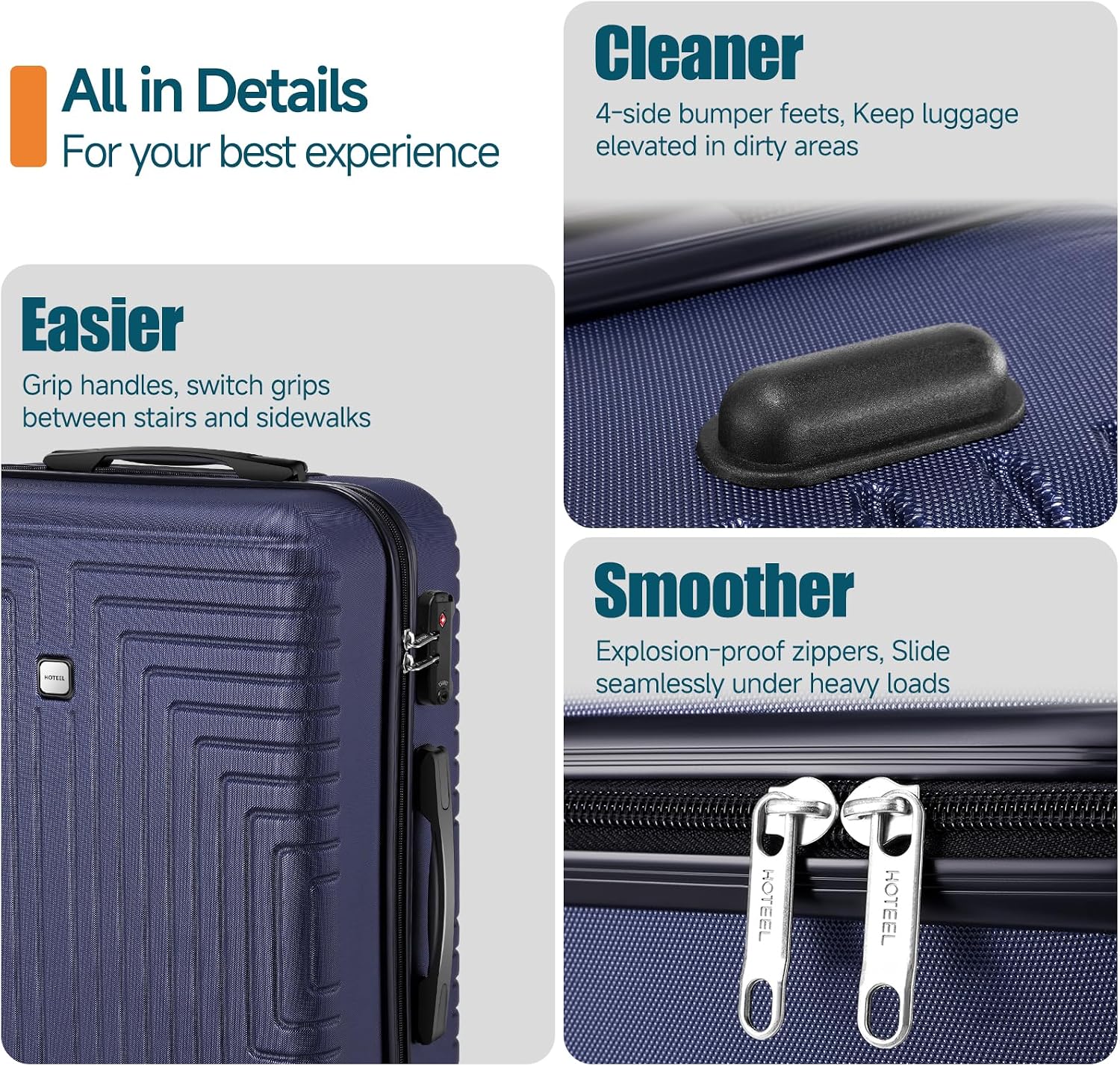 Hoteel Luggage Sets 5 Piece ABS+PC Hardside, 4-Year Warranty, Luggage Set with Dual-Spinner Wheels, TSA Lock, Lightweight Carry on Luggage, 20'/24'/28' Suitcase with Duffel & Organizer, Dark Blue
