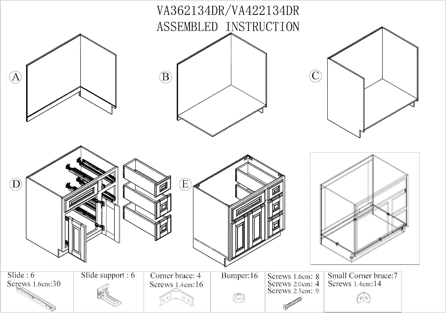 Solid Wood RTA Bathroom Vanity Sink Base Cabinet Sink Storage Cabinet with 2 Doors and 3 Left Drawers（White, 42'W × 21'D × 34-1/2'H