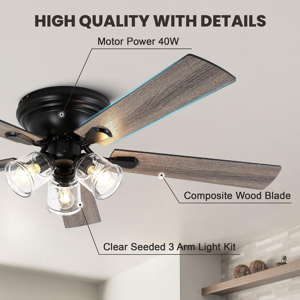 Dawn Whisper 52 Inch Flush Mount Farmhouse Ceiling Fans with Lights Vintage Ceiling Fan with 3 Bulb Lights Remote for Bedroom Living Room Kitchen