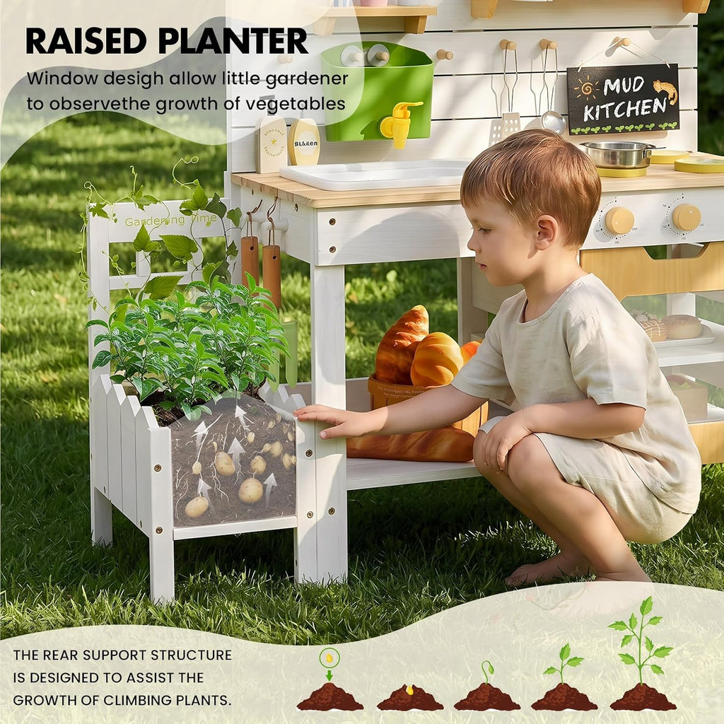 Frogprin Outdoor Mud Kitchen for Kids, Wooden Play Kitchen with Plant Growing Box & Trellis, Real Faucet Sink, Gardening Tools &, Cooking Accessories, Ideal for Toddlers Ages 3+