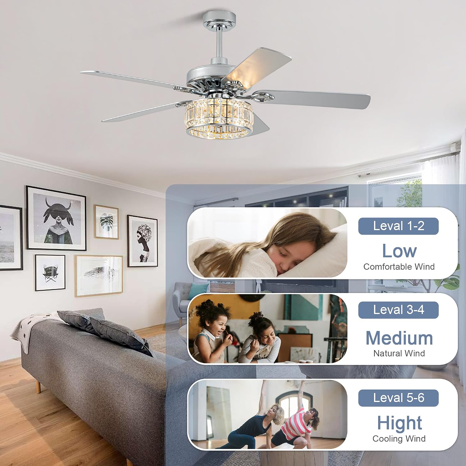 Bella Depot 52' Ceiling Fan with Light, Caged Chandelier Fan with Light (No Bulbs Included), Vintage Fandelier Fan with Quiet DC Motor for Dining Living Room Bedroom (Chrome)